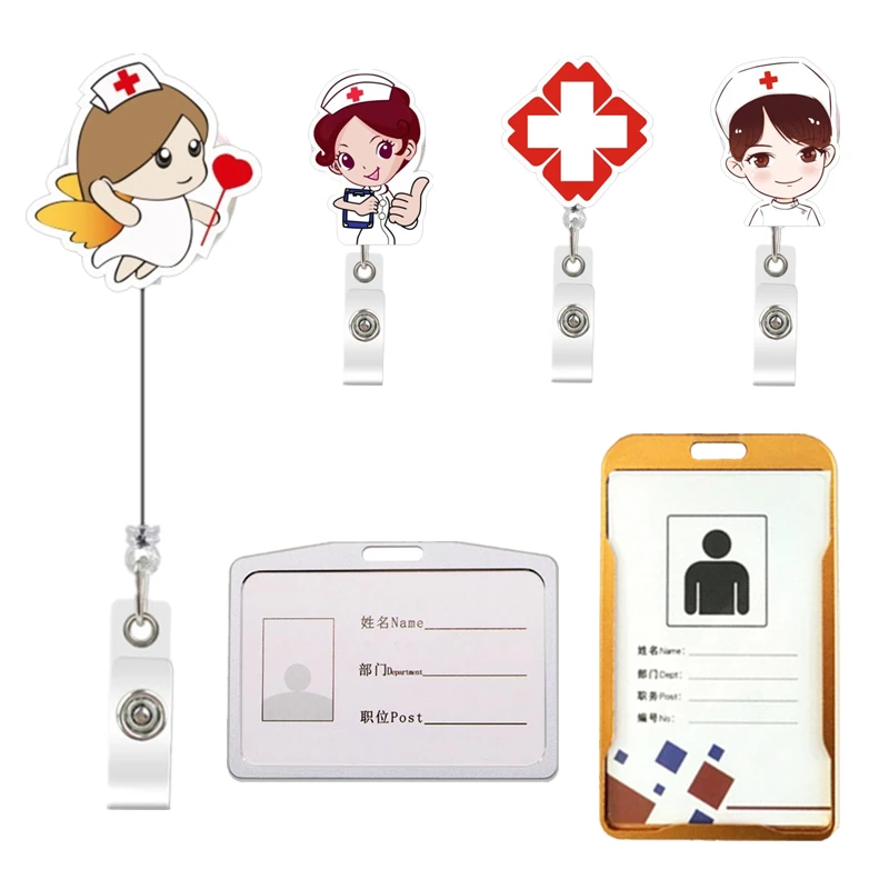 1pc Retractable Name Badges Work Card Sleeve Clip ID Holders Reel Staff Employee ID Tag Reel Nurse Pass Card Cover Cese Reels