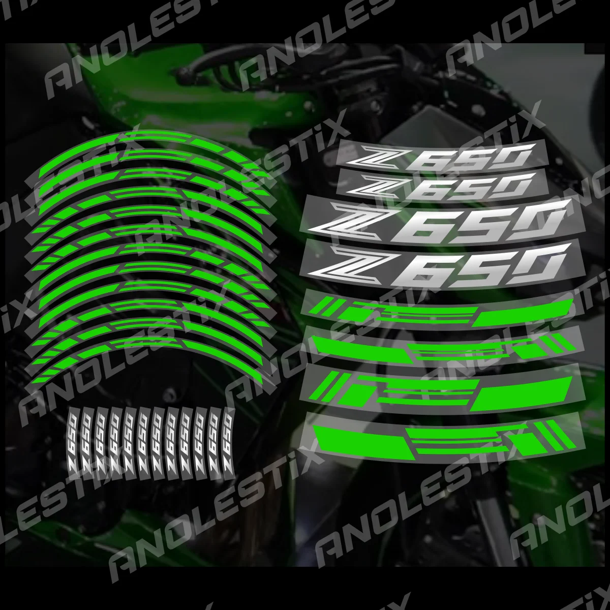 AnoleStix Reflective Motorcycle Wheel Sticker Hub Decal Rim Stripe Tape For Z650