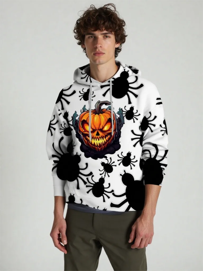 

3D Spider Pumpkin Print Men's Hoodies Fashion Creative Halloween Theme Long Sleeved Pullover Autumn Winter Loose Hooded Clothing