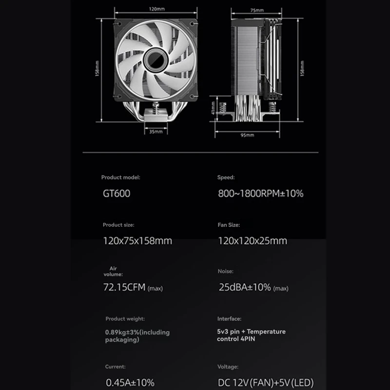GT600 Digital Display CPU Air Cooler with 1800RPM ARGB PWM Cooling Fan High Airflow Radiator for Efficient CPU Cooling B-ABVP