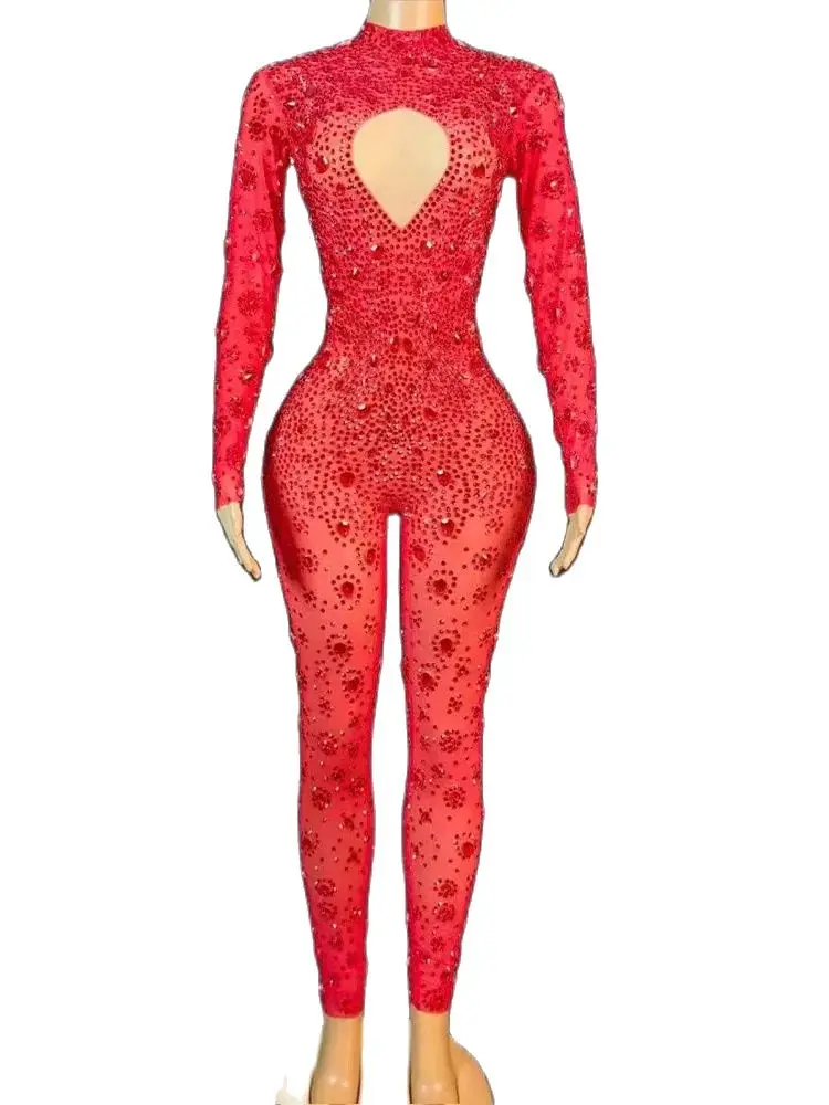 Hoge Kwaliteit Hot Diamant Elastische Rode Jumpsuit 2024 Nieuwe Mode Custom Vrouwen Kleding