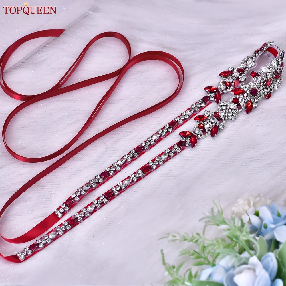 TOPQUEEN Red Rhinestone Bridal Belt Sash Wedding Belt Red Evening Gown Waist Decoration Wedding Accessories Bridesmaid Gift S09