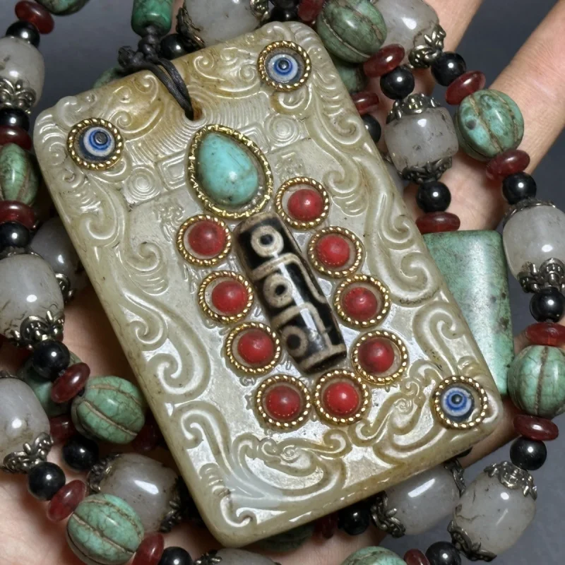 

Old Jade Antique Jadeite White Jade Collection Natural Jade Inlaid Tianbao Gemstone Green Pine Chain Handheld Piece Brand Kirin