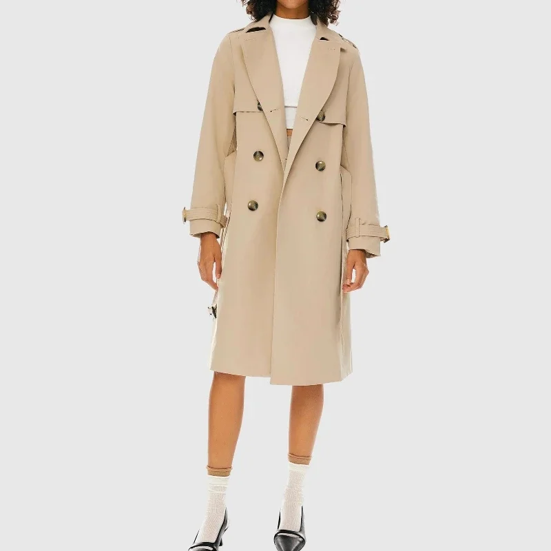 Women's elegant three-button waist double-breasted trench coat khaki classic long daily versatile street style