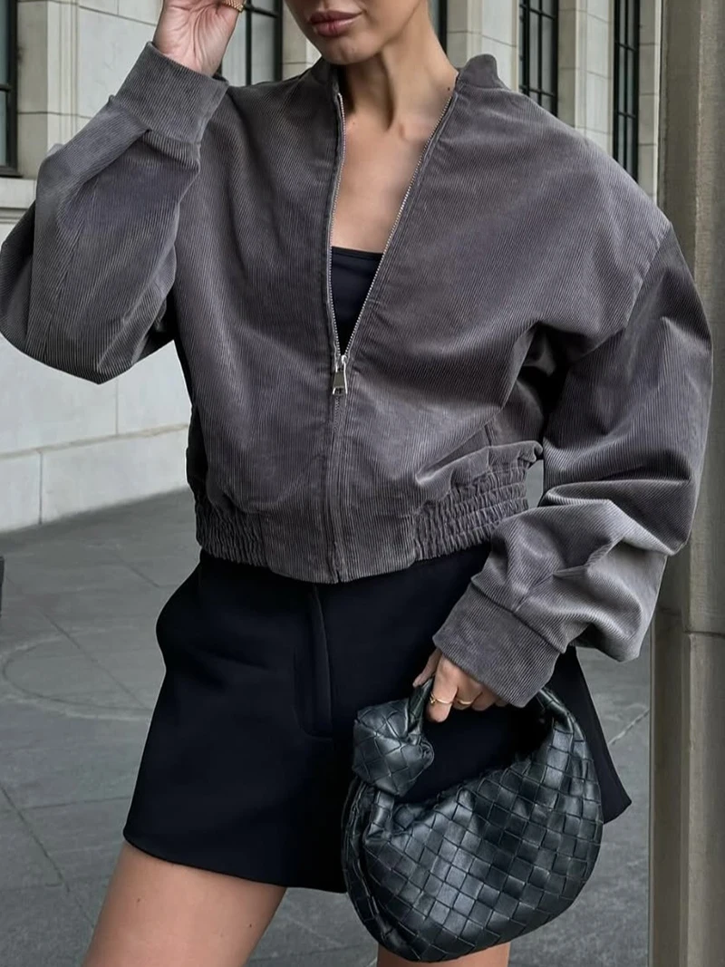 

Vintage Chic Corduroy Jacket Retro Gray Zip-Up Bomber Coat Oversized Stand Collar Casual Daily Autumn Winter Outfit Outerwear
