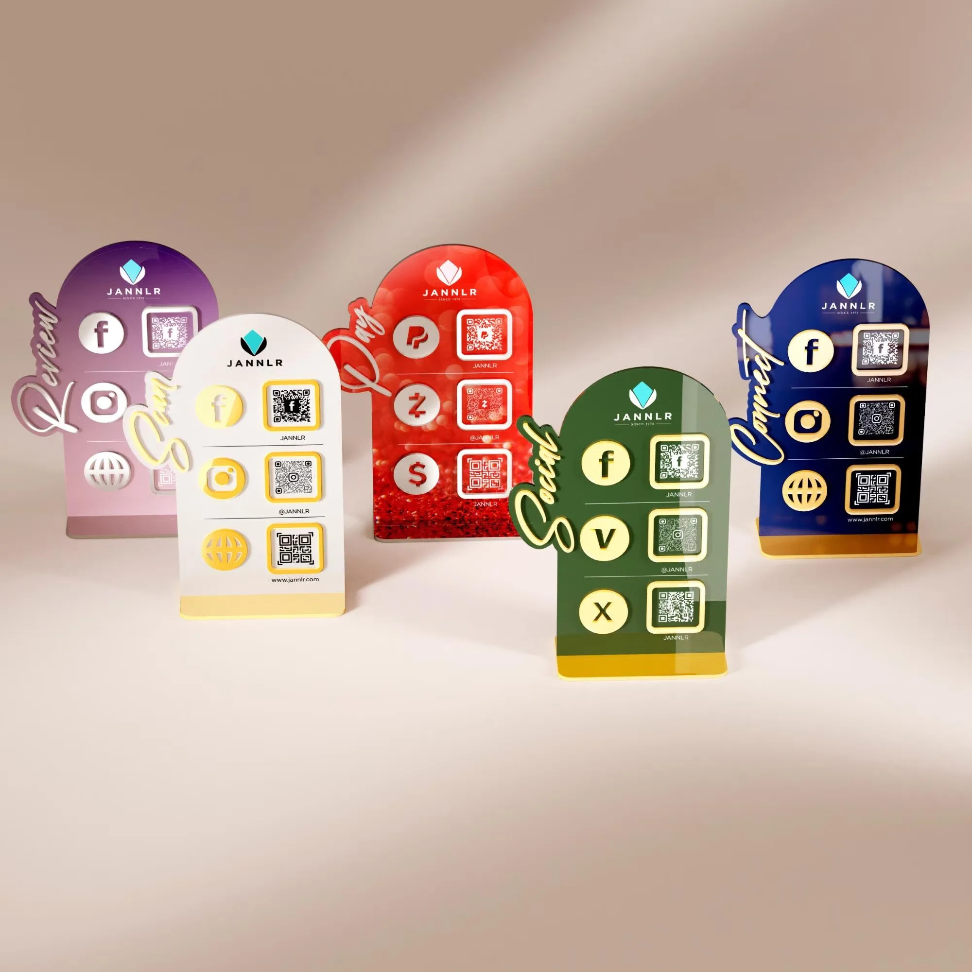 

Custom Multi QR Code Acrylic Display Stand for Social Media Touchless Menu Review WiFi Scan to Pay Sign Restaurants Hotels Store