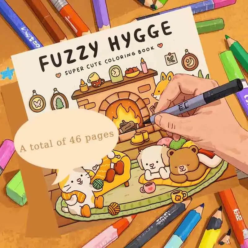 1pc FUZZY HYGGE Coloring Book, Cozy Animal with Warm Fireplace, Perfect for Parent-Child Interaction & Stress Relief