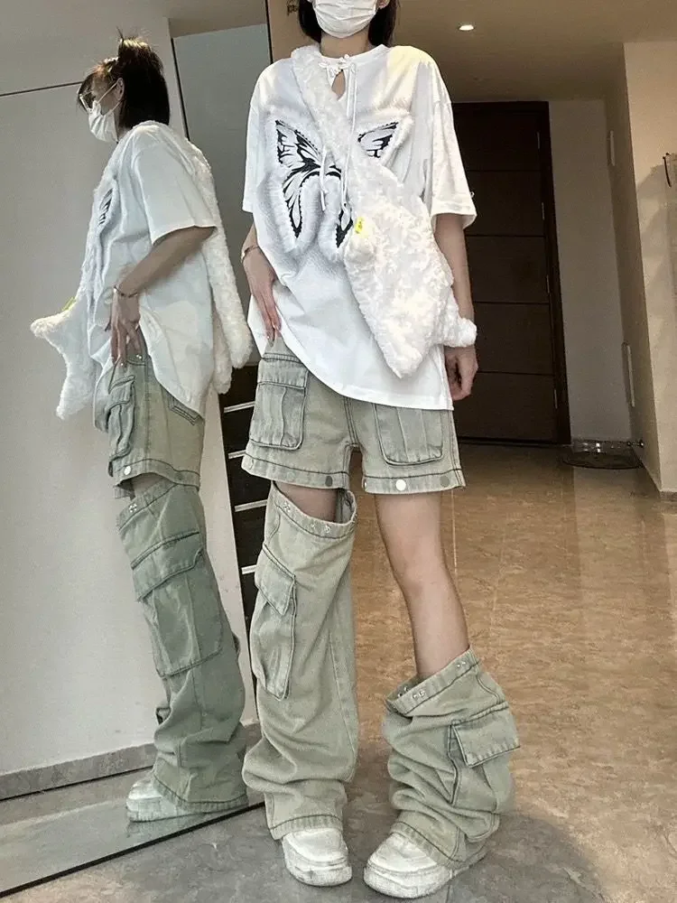 

American New Female Y2K Fashion Gothic Retro High Street Straight Small Vibe Waisted Pants Detachable Design Sense Tooling Jeans