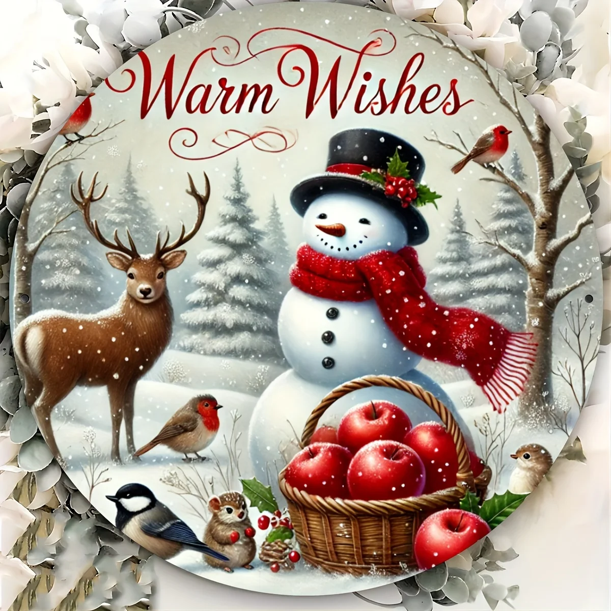 2D Flat, 1pc 1pcs Rustic Christmas Round Metal Sign with Snowman Deer Pine Squid & Apple Designs - Iron Door/Wall Decor Suitable