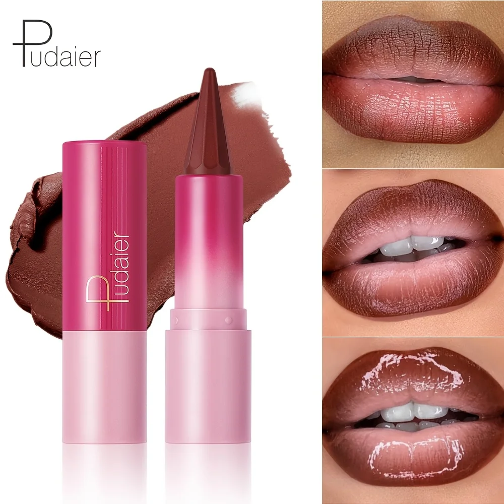 Pudaier Matte Velvet Lip Liner & Lipstick - ดินสอเขียนขอบปากที่มีความแม่นยําแบบ Dual-Use เพื่อสีเรียบเนียนและติดทนนานในสีน้ําตาล, ชมพู,