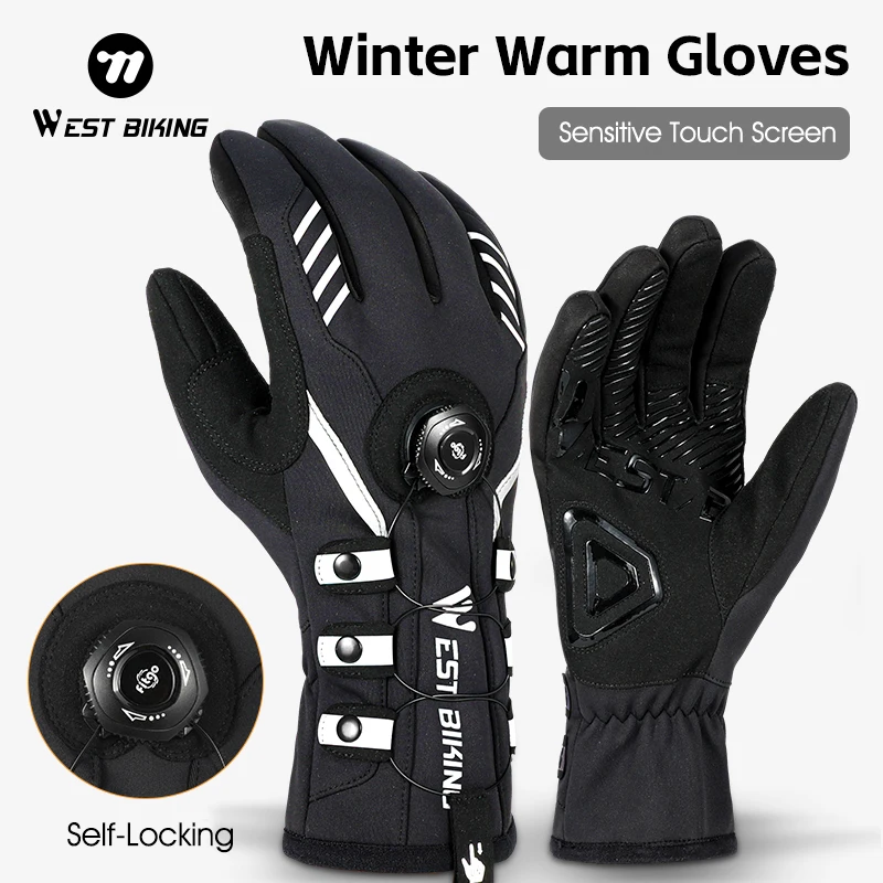 WEST BIKING Self-locking Glove Winter Warm Bicycle Gloves Touch Screen Gloves Windproof Motorcycle Scooter Ski Anti-slip Glove