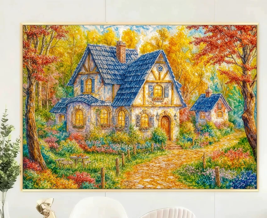 

9CT 60X80cm Autumn House Printed Kits Cross Stitch Embroidery DIY Needlework Set Home Decor Crafts With Needles Threads 77 Color