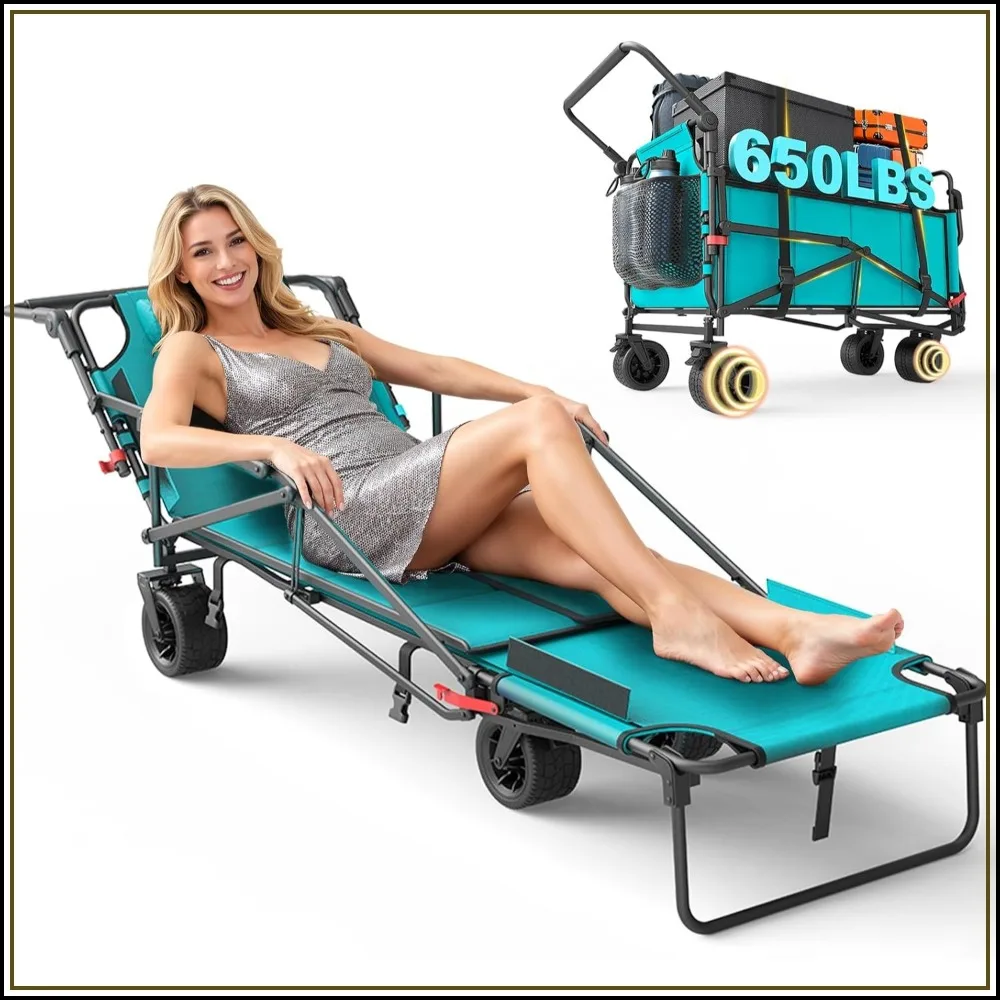 Heavy Duty Folding Wagon - 2-in-1 Collapsible Cart, All-Terrain Wheels with Brakes & Side Pockets