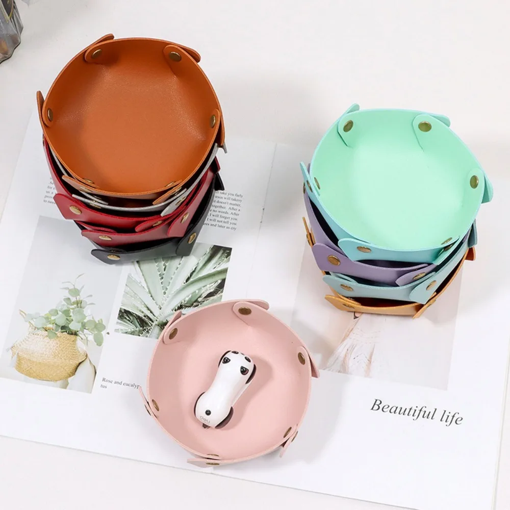 Korean style snap-type folding round storage box desktop jewelry storage leather tray cosmetics key storage tray