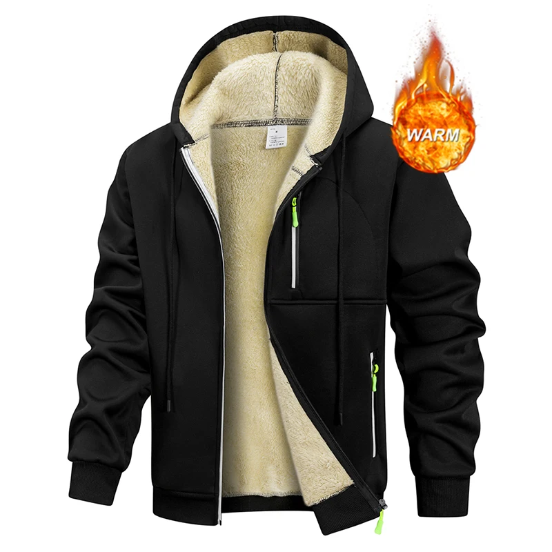 Men's Winter Warm Sherpa Plush Lined Jacket Casual Zip Up Hooded Coat with Zipper Pockets Male Fleece Outerwear Outfits Tops