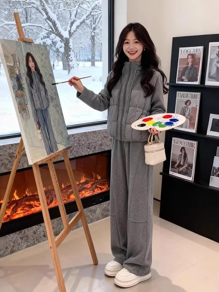 

Зимний утепленный хлопковый комплект: куртка и прямые брюки для женщин, модный двухсоставный комплект с теплой флисовой подкладкой, на молнии, с капюшоном