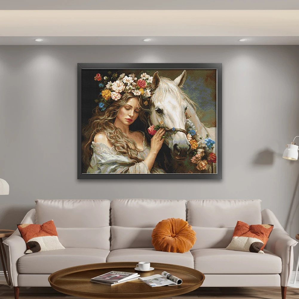 

Full Embroidery cotton Thread 11CT Printed Girl Horse Cross Stitch 74x61cm