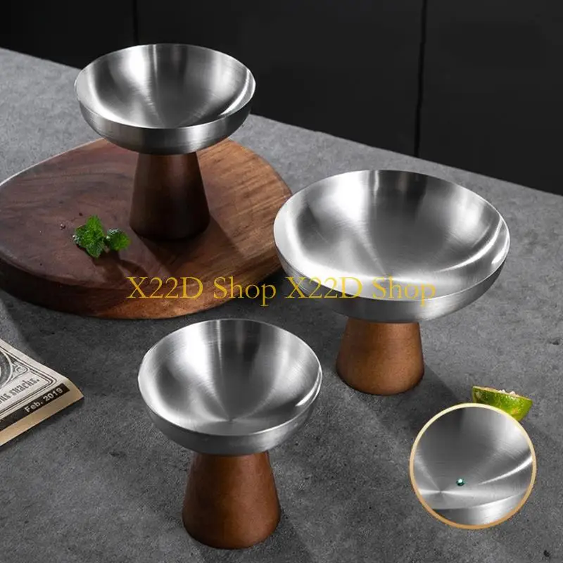 X22D Elegant Metal Dessert Dish High Foot Ice Cream Serving Cup With Wooden Base