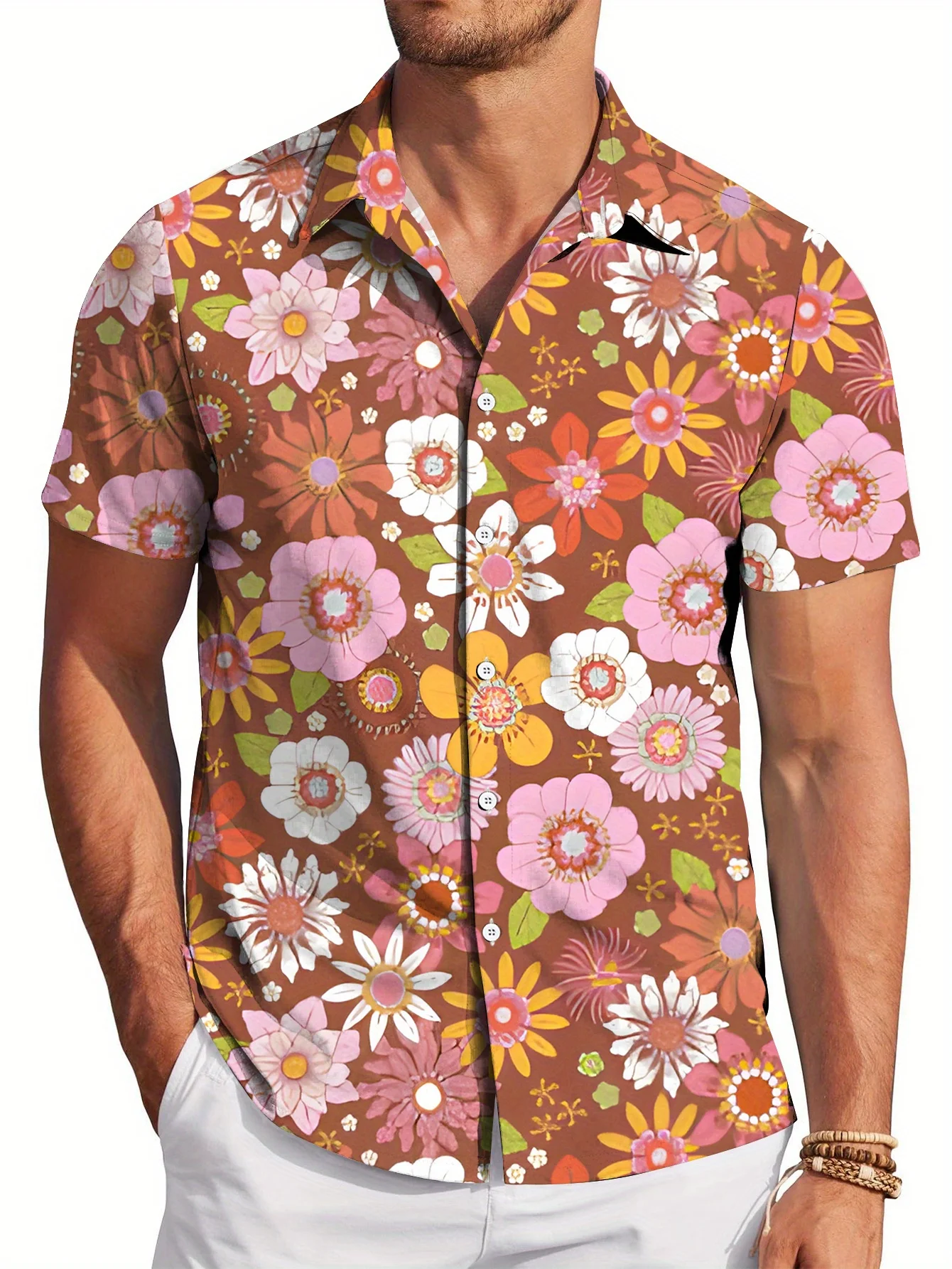 Men Brown Retro Mixed Color Daisy Floral Print Loose Hawaiian Beach Short Sleeve Shirt