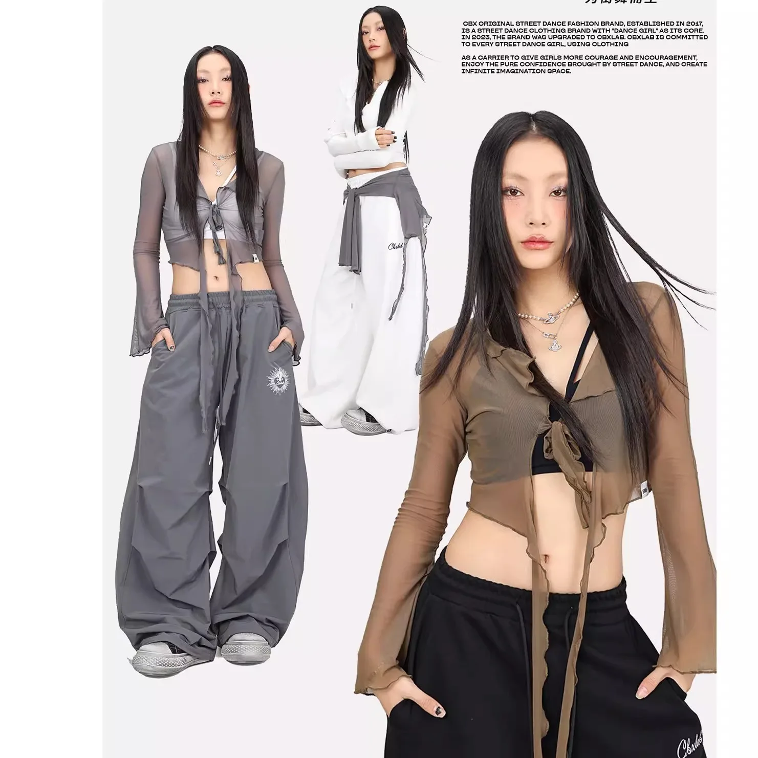 Cool Jazz Dance Long Sve Net Tulle Trim Bunting Gonna Cravatta in vita Top T-shirt estiva ampia da donna