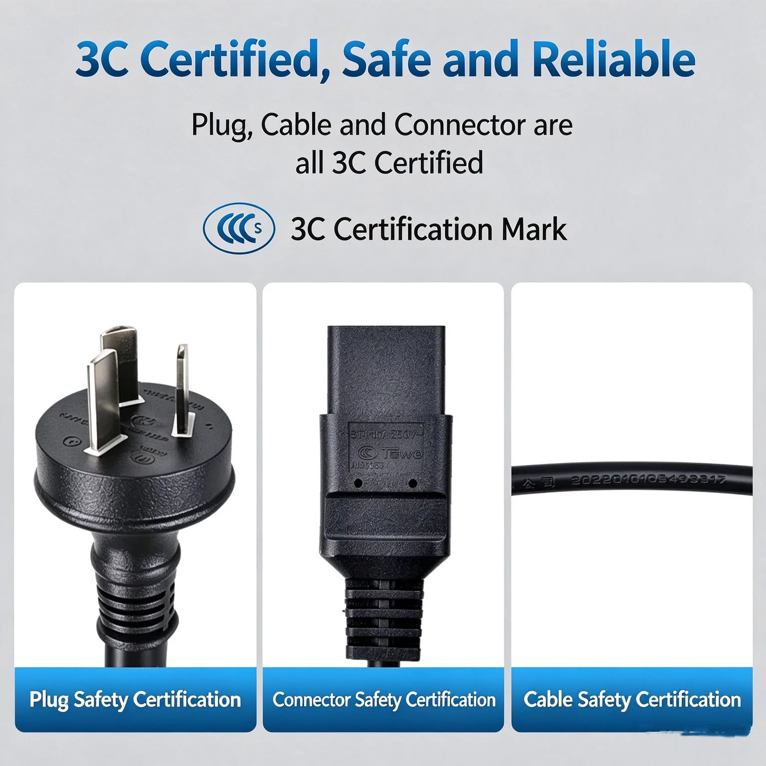 TOWE C19 Power Cord 16A China Plug to IEC320 Straight 3x2.5mm2 Heavy Duty PDU UPS Server Rack Extension Cable 250V 4000W