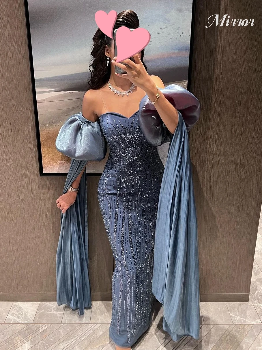 Mirror Dress Elegant Vintage Sweet Blue Beading Lace Shiny Mermaid Customize Formal Occasion Prom Dress Evening Party Gowns