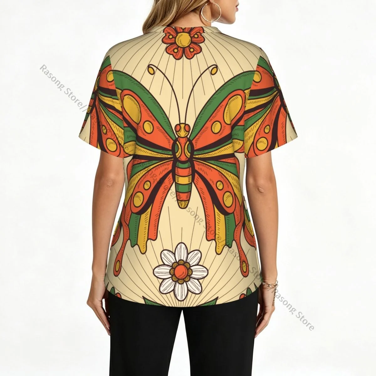 Retro Butterfly Scrubs tops medical uniforms women V Neck Stretch Scrub Shirt Dentist doctor Blouse