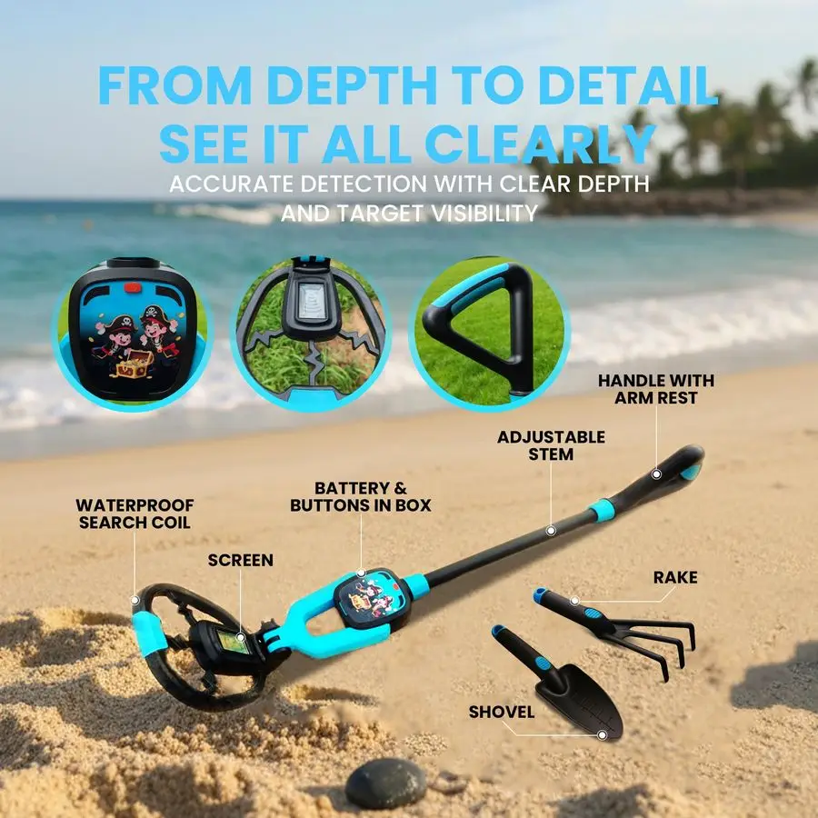 كاشف معادن خفيف الوزن للأطفال مع جذع قابل للتعديل، شاشة عرض عمق LED، ملف بحث مقاوم للماء، مجرفة، أشعل النار