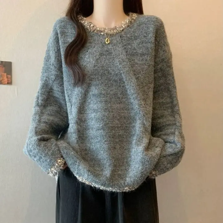 

Ленивый стиль, пуловер с круглым вырезом, вязаный свитер, женский осенне-зимний новый нишевый дизайн, свободный тонкий топ с длинными рукавами