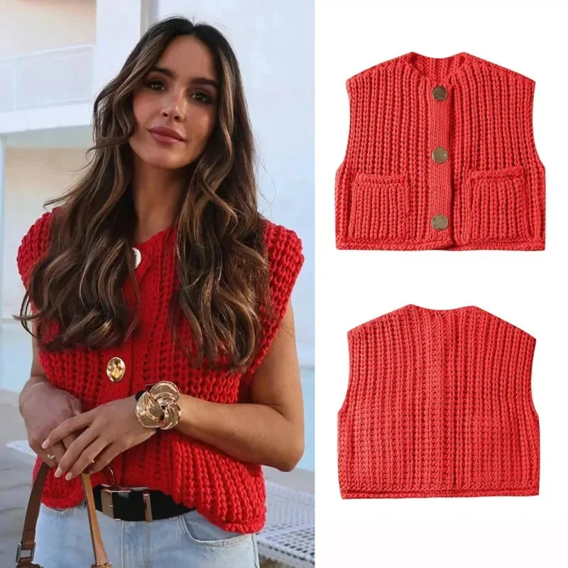 Chaleco de punto liso con cuello redondo para mujer, Top sin mangas con botones dorados y bolsillos, moda de otoño, 2024