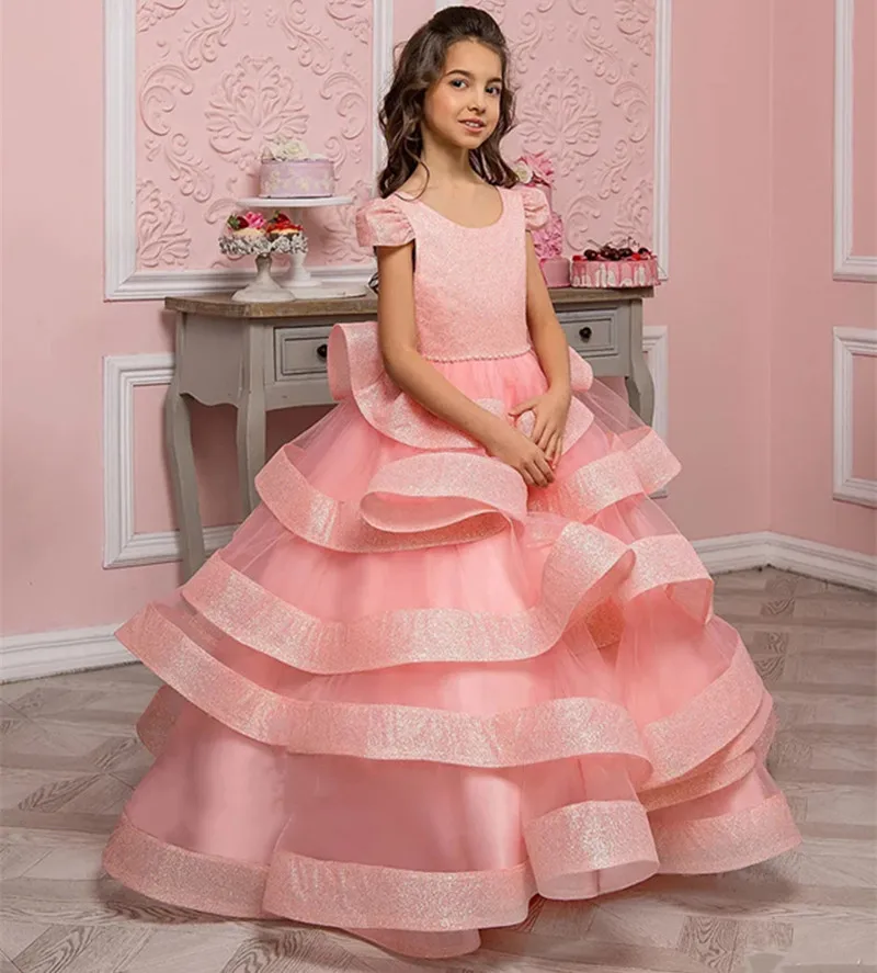 

Pink Tiered Fluffy Flower Girl Dress for Wedding Glitter Organza Tulle O Neck Princess Party Birthday Gown First Communion Dress