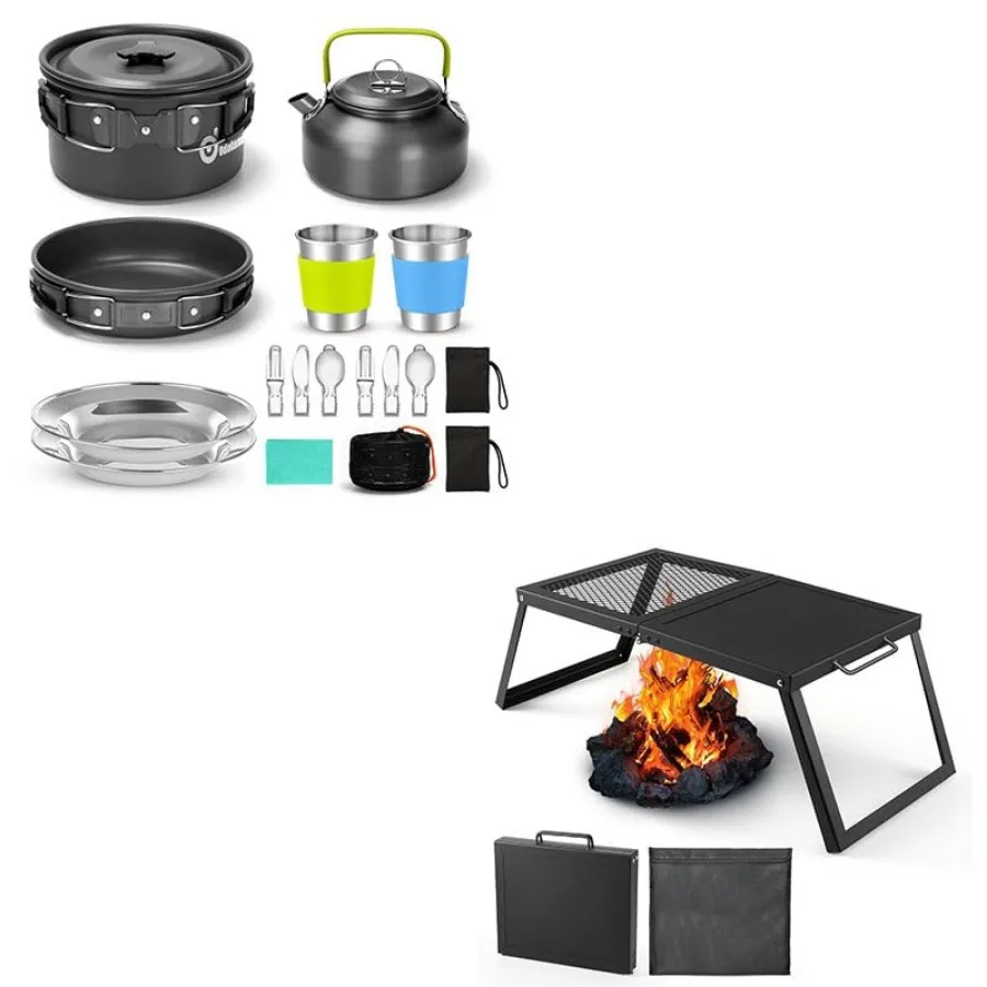 

Bundle - 2 Items 15pcs Camping Cookware Mess Kit and Folding Campfire Grill