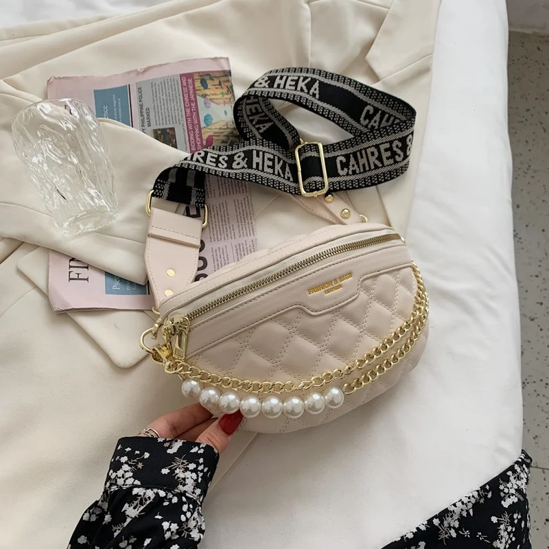 Luxury pearl Beading Chain Waist Bags For Women Diamond Lattice PU Fanny Pack Female Stylish Waist Pack Wide Strap Crossbody Bag