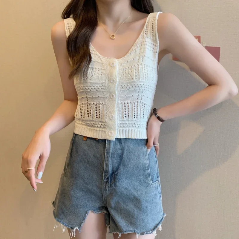 

Crochet Knit Tank Top Boho Beach Wear Women's Sleeveless Button Front Crop Tops Female Spring Summer Outfit