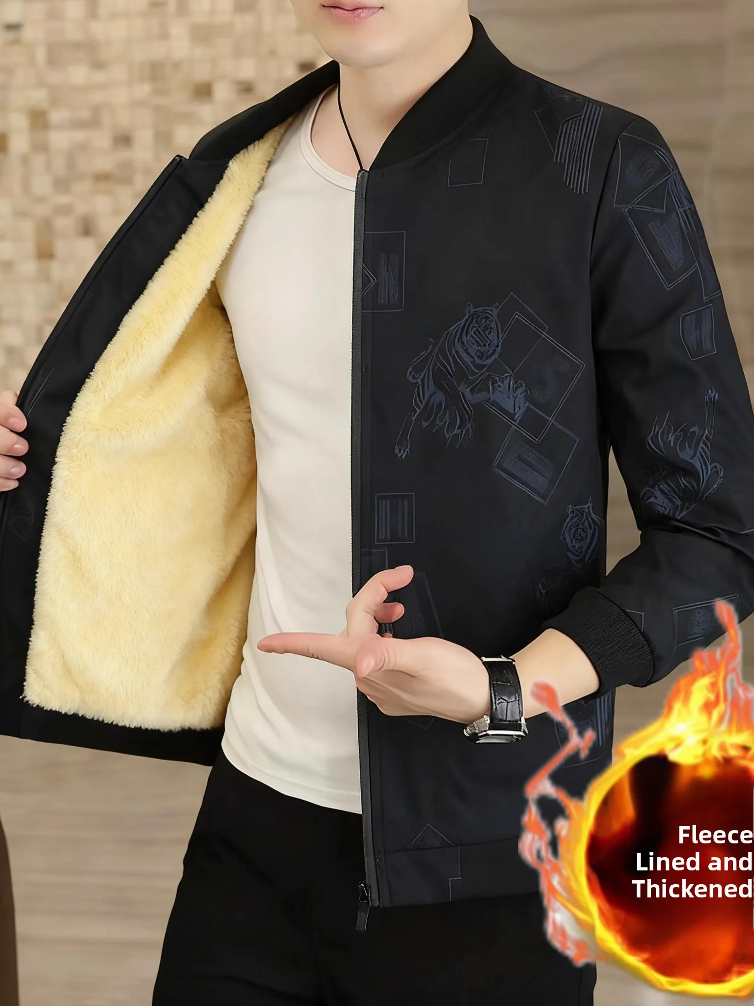 

Faionable Men's Thiened Fce Lined Cotton Jaet Autumn Winter Outerwear Printed Slim Fit Casual Sle Zipper Closure