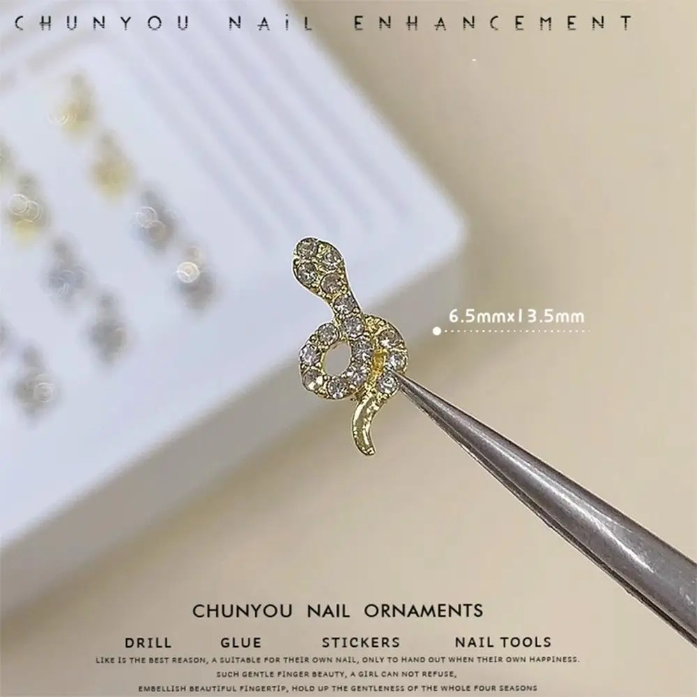 10 Uds. De dijes brillantes para uñas, dijes de diamantes de imitación en forma de serpiente de la suerte para decoración de uñas de aleación, adornos
