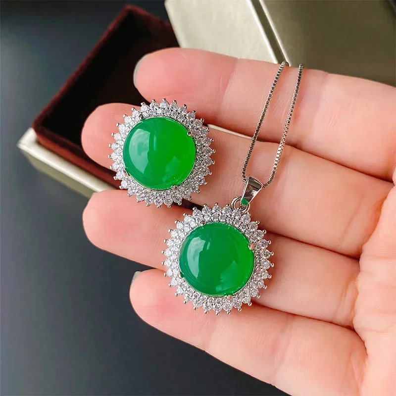 S'rJewelry Ice Sparkling Fluorescent Round Green Chalcedony Temperament Set Female Birthday Gift 14 * 14