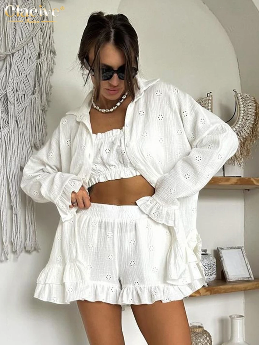 Clacive Fashion Loose White Cotton 3 Piece Sets Women Outfit 2024 Elegant Long Sleevee Shirt With High Waist Shorts Set Female