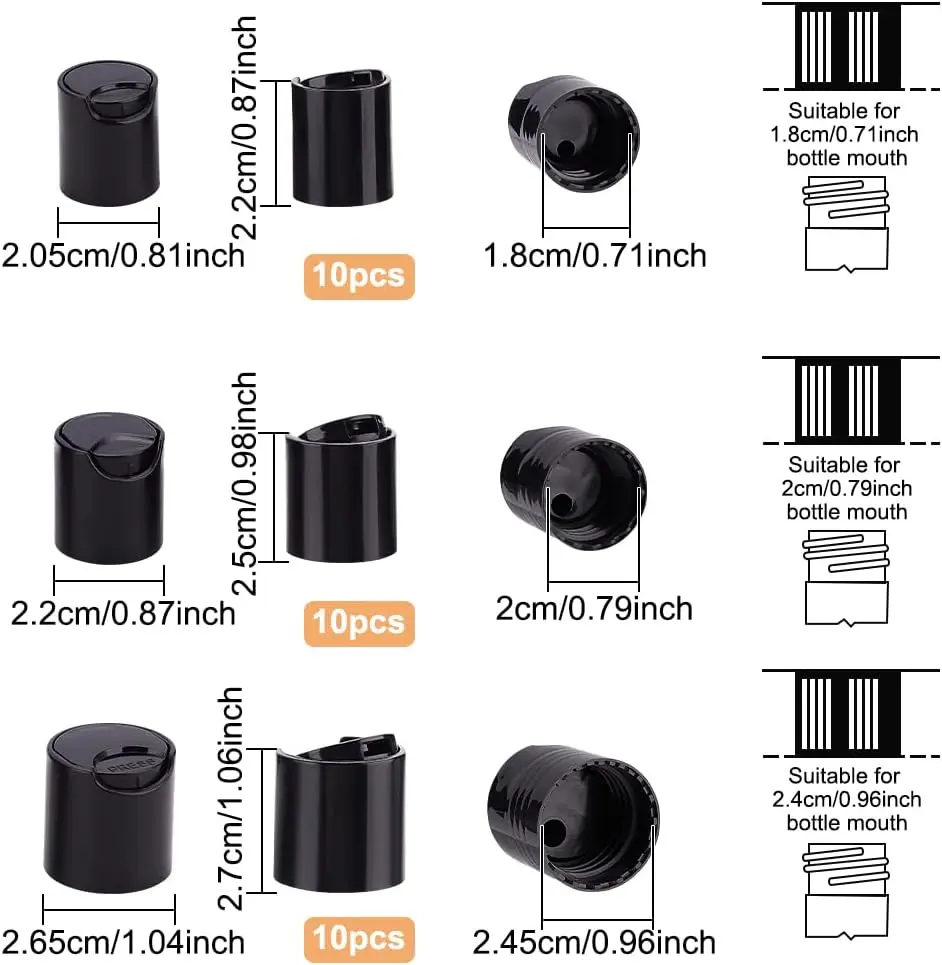 Tampas plásticas da imprensa de 30 pces pp, fechamento superior preto da garrafa da loção da distribuição do fechamento superior do disco da substituição de 3 tamanhos para espremer garrafas pescoço