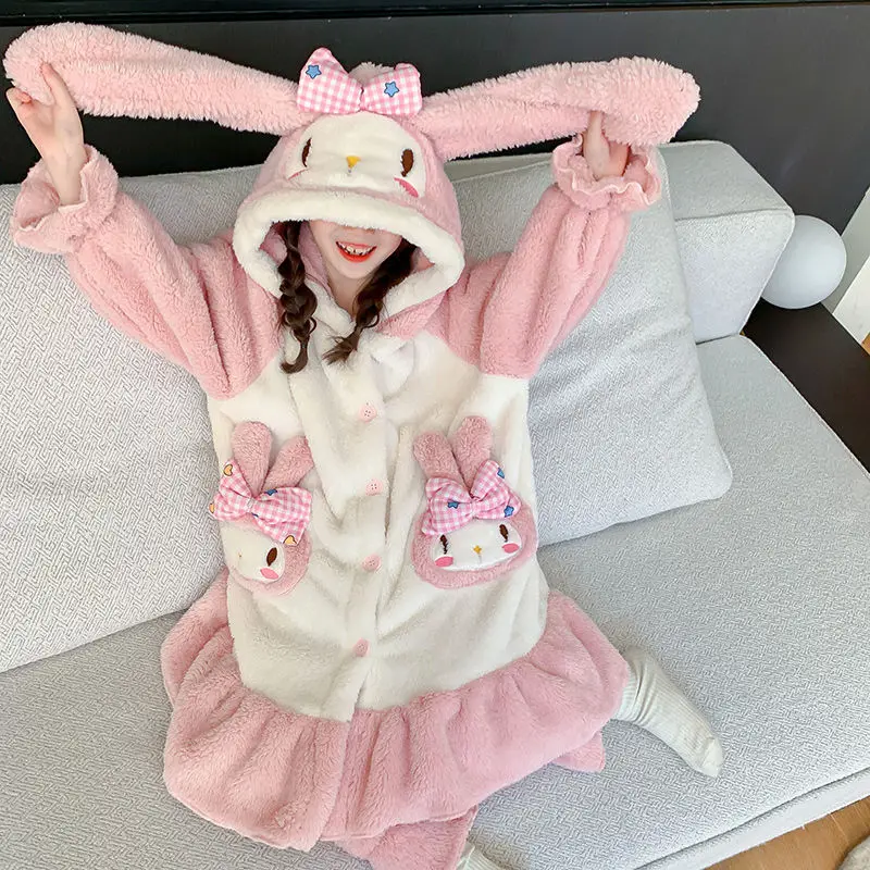 Winter Children's Cinnamoroll Nightgown Coral Velvet Pajamas My Melody Girls Plus Velvet Thicken Home Clothes Suit Warm Bathrobe