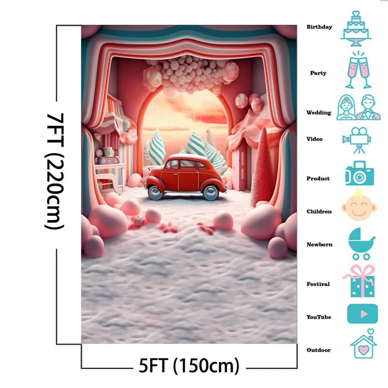 Cartoon Christmas Candy World Photography Backdrops Red Car Frozen Winter Snowy Kids Birthday Cake Smash Background Photo Studio