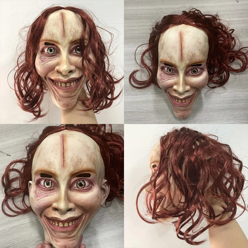 Red Haired Scary Ghost Halloween Mask with Creepy Smile Horror Movie White Lady Latex Head Cover  Cosplay Party Terrifying Prop