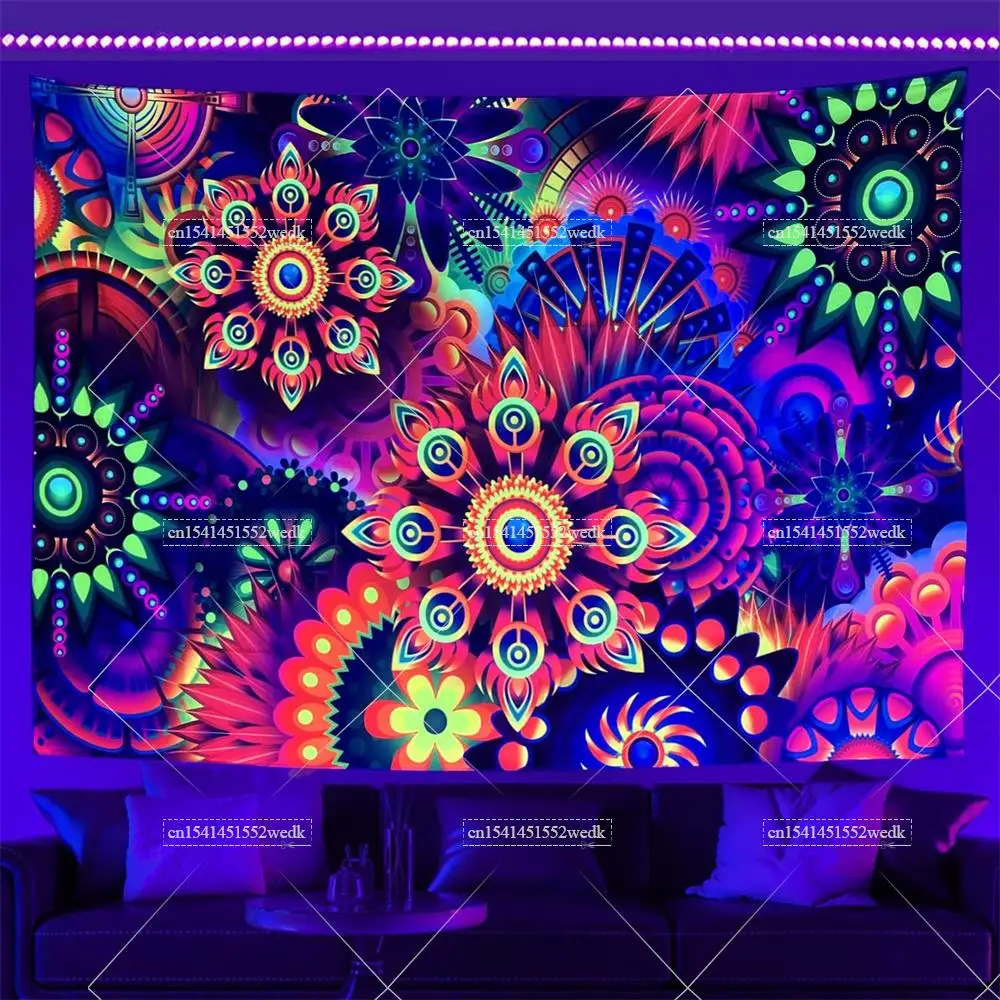 Boho Blacklight Tapestry Colorful Mandala Floral Tapestry Wall Hanging UV Reactive Aesthetic Glow In The Dark Party Backdrops