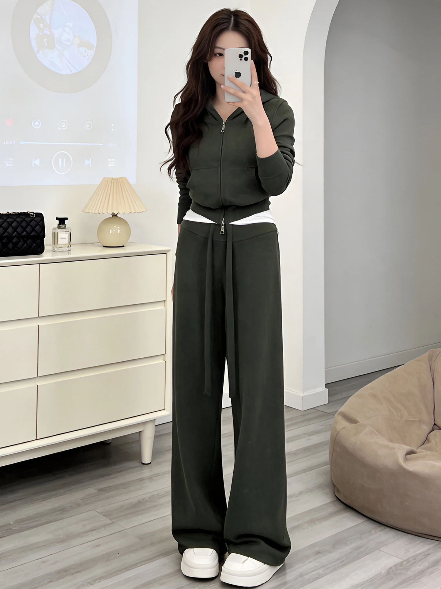 

Spring Autumn Pure Color Casual Sportswear Women's Two-Piece Set High Waist Long Pants Zipper Closure Hoodie Sweatshirt