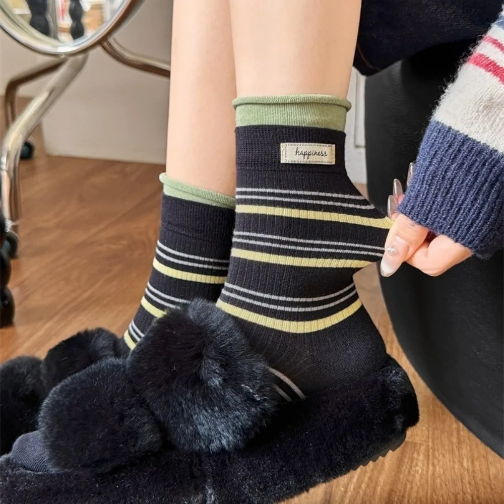 Fake Two-Piece Design Crew Socks Mid-Calf Length Striped Pattern Knitted Socks Soft Knit Texture Stacking Socks Casual Wear