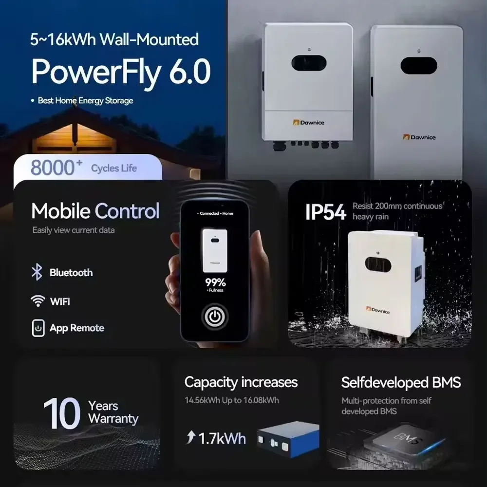 51.2V 200Ah 320Ah 16Kwh Alta qualidade 5KWH 10KWH 15KWH 20KWH LiFeO4 Bateria de lítio montada na parede para casa