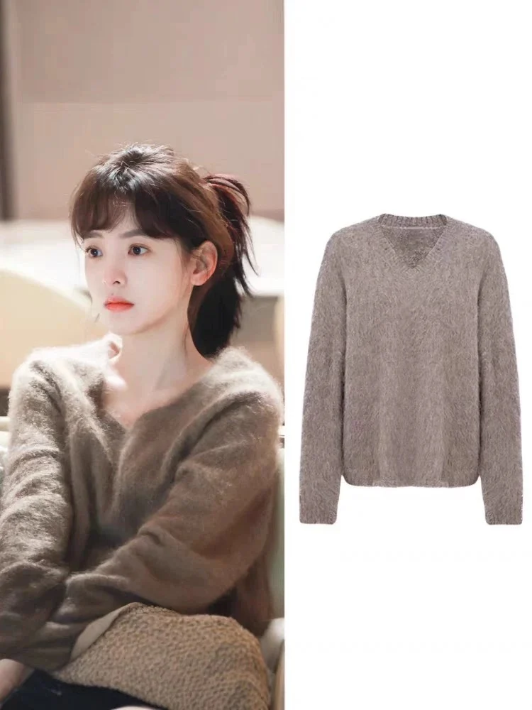 

Loose V-Neck Cashmere Knitted Sweater Women's Lazy High-End Feeling Top Tagkita Brand Commute Style Long Sleeve Knitwear