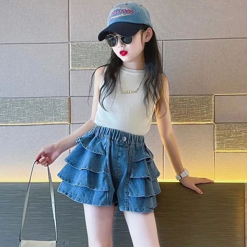 Girl's Denim Skirt Pants Tops Set With Necklace Two Pieces Summer Suits Fashion Folded Shorts Sleeveless Shirt Children's Sets