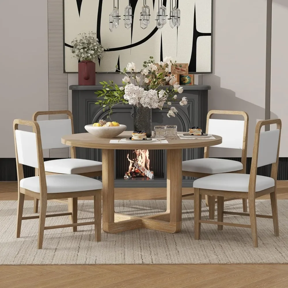 5-Piece Dining Table Set for 4, Round Dinings Table and 4 Upholstered Chairs Set, Radial Wood Grain Design, Dining Room Set