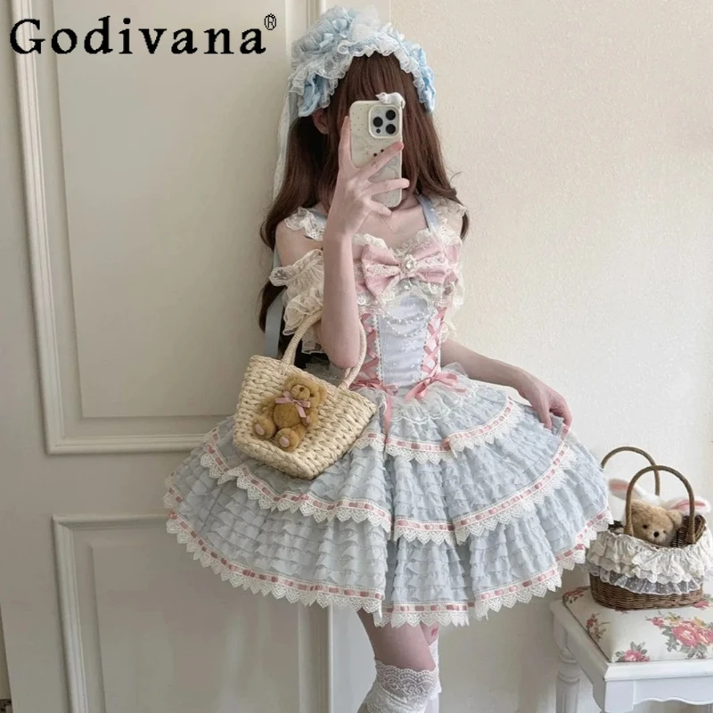 

Japanese Sweet Lolita Dresses JSK Summer New Girl's Cute Bow Pearl Chain Sleeveless Mini Dress Women Birthday Dress Vestidos